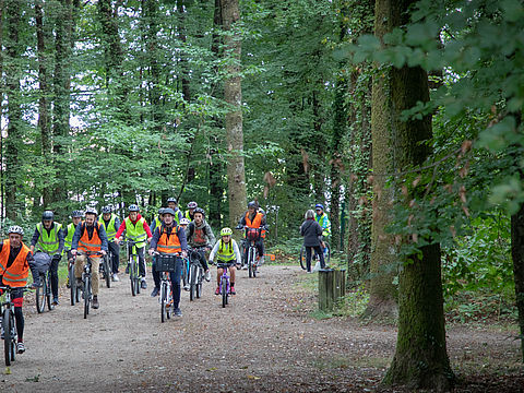 Groupe de VTT en forêt, dans les Bois de la Bastide à Limoges, Randonnée La Métropolitaine 2023