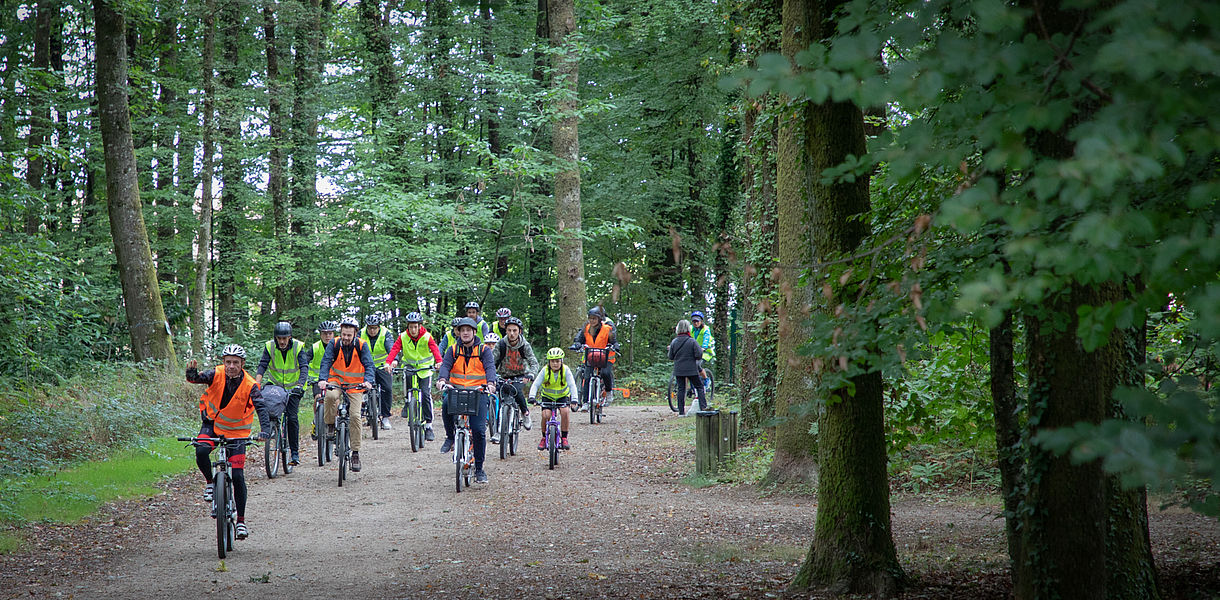 Groupe de VTT en forêt, dans les Bois de la Bastide à Limoges, Randonnée La Métropolitaine 2023